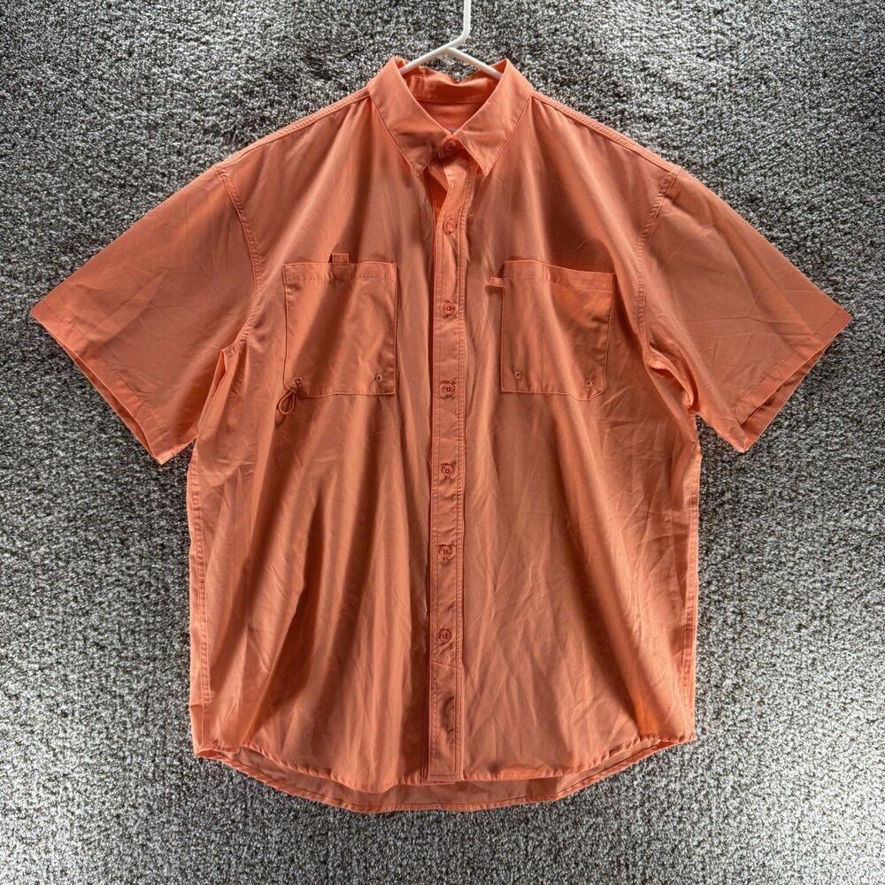 Reel Legends Shadester Shirt mens Large Pink Short Sleeve Fishing Button Up Vent